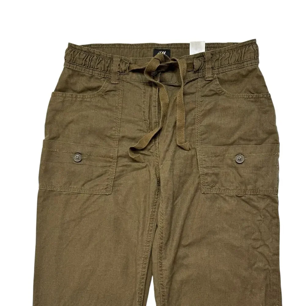 H&M Linen Blend Cargo Roll Tab Crop Pants in Olive Green Size 6 Womens Straight